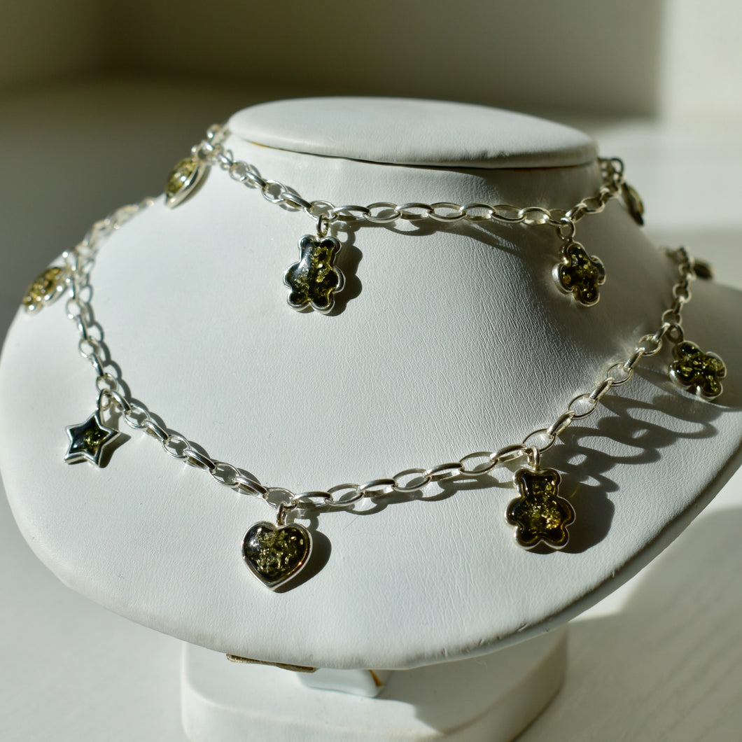 Sterling Silver Baltic Amber Charm Necklace and Bracelet Set